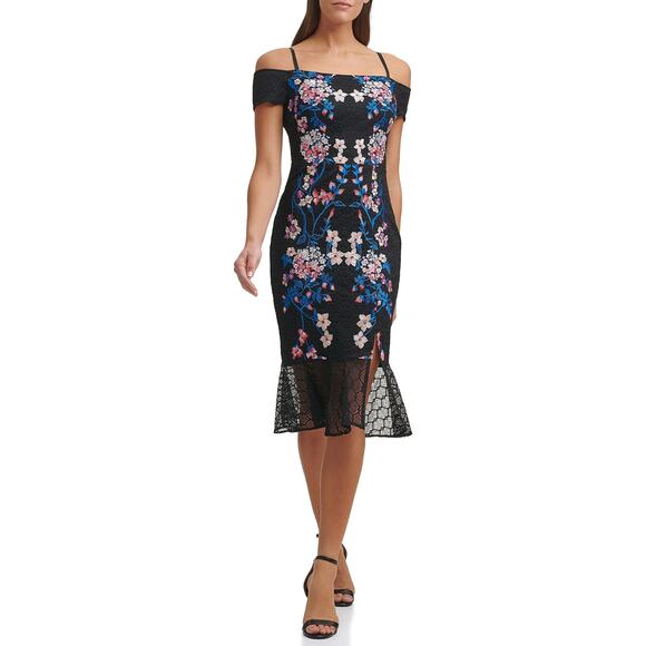 NEW Guess Black Floral Off The Shoulder Lace Ruffle Midi Bodycon Dress Size 14 - Picture 1 of 7